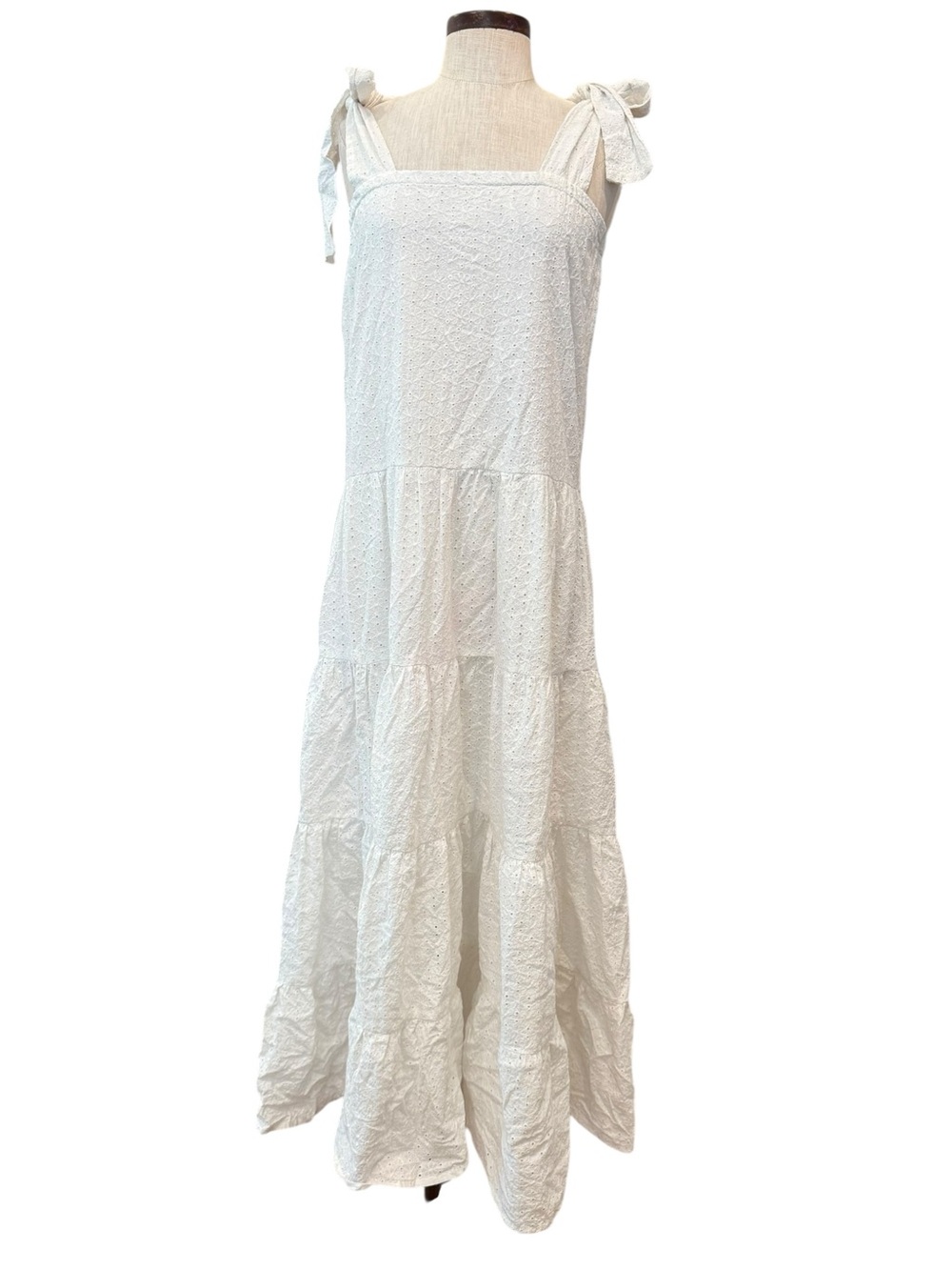 Victoria Dunn white lace tiered shoulder tie midi dress